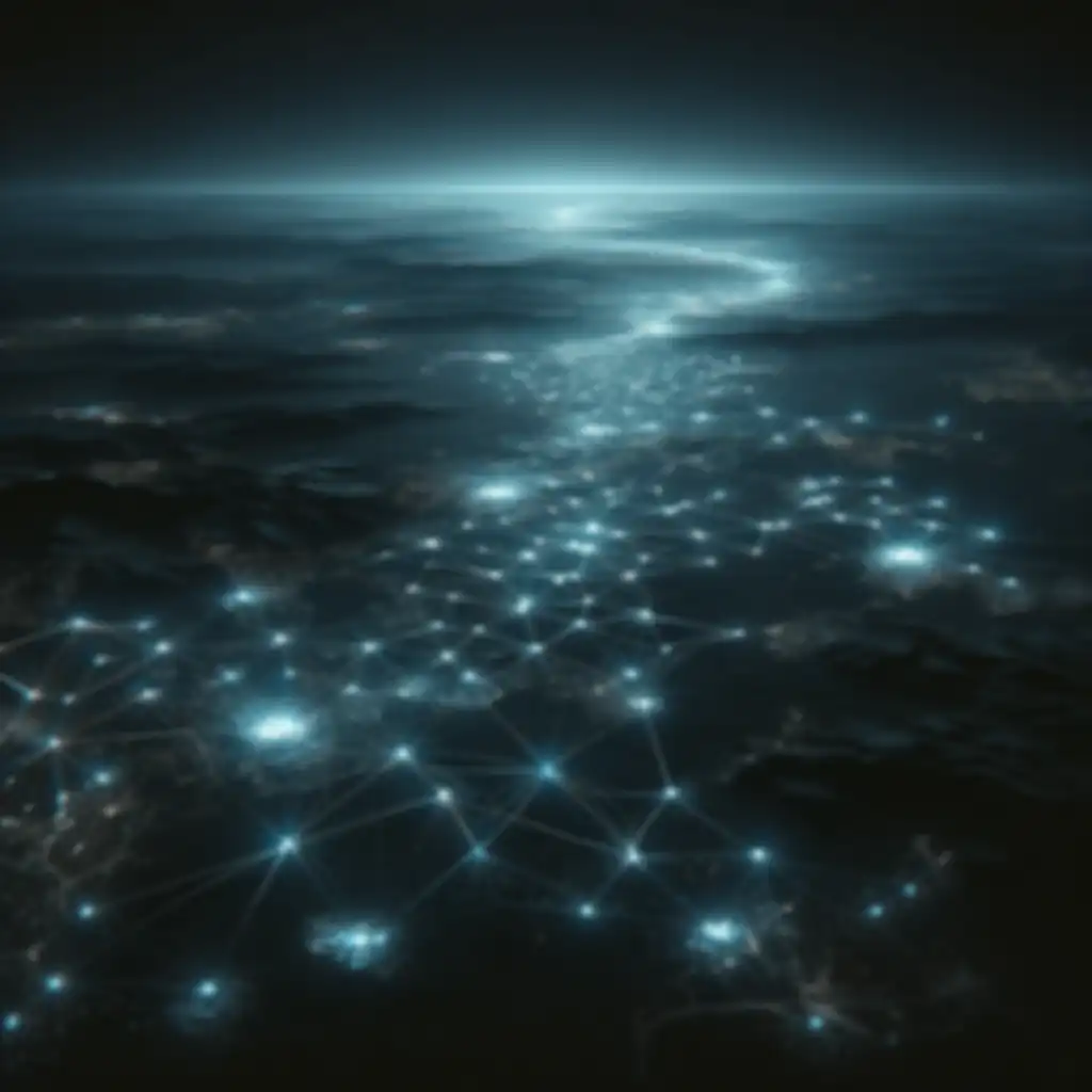 An animated aerial view of an unremarkable landscape at night.