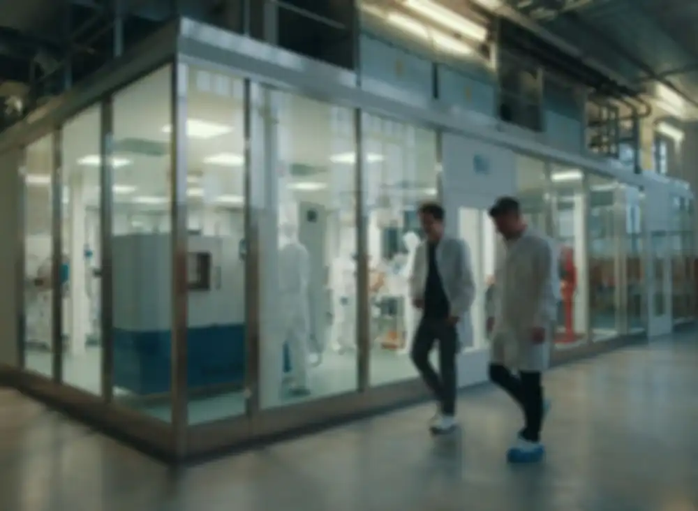 Two people are walking through a laboratory while work is being done in the background.