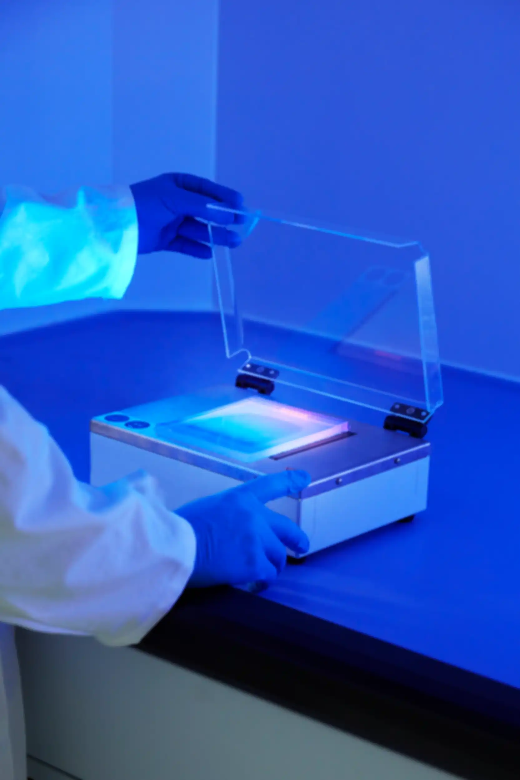 Two hands open a container with a transparent rectangular pane that is illuminated from below