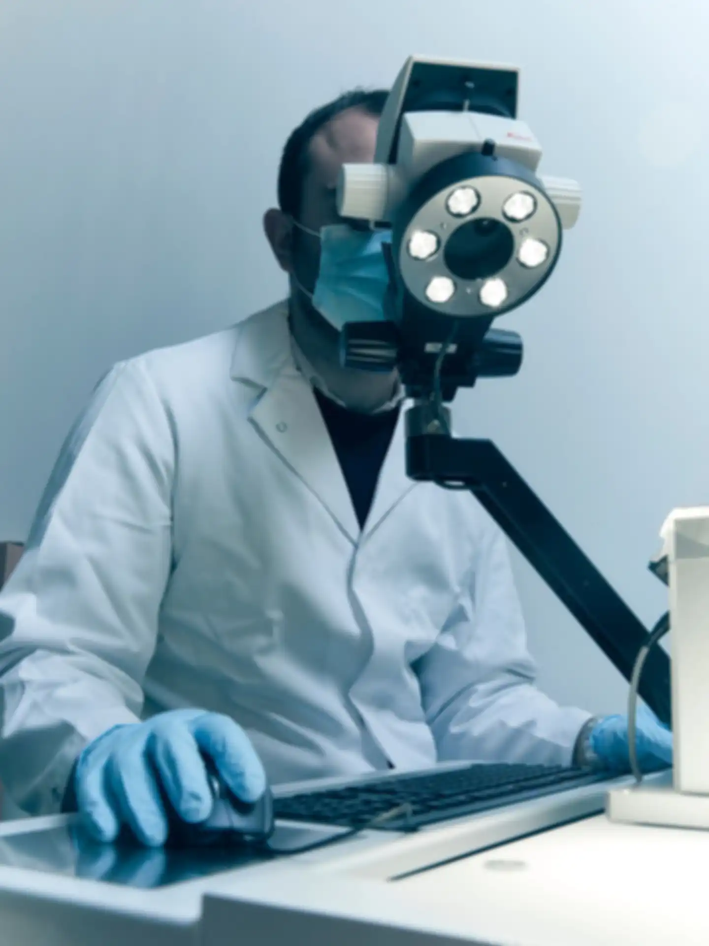 Ein Mann im Laborkittel schaut durch optisches Gerät, während er einen Computer bedient