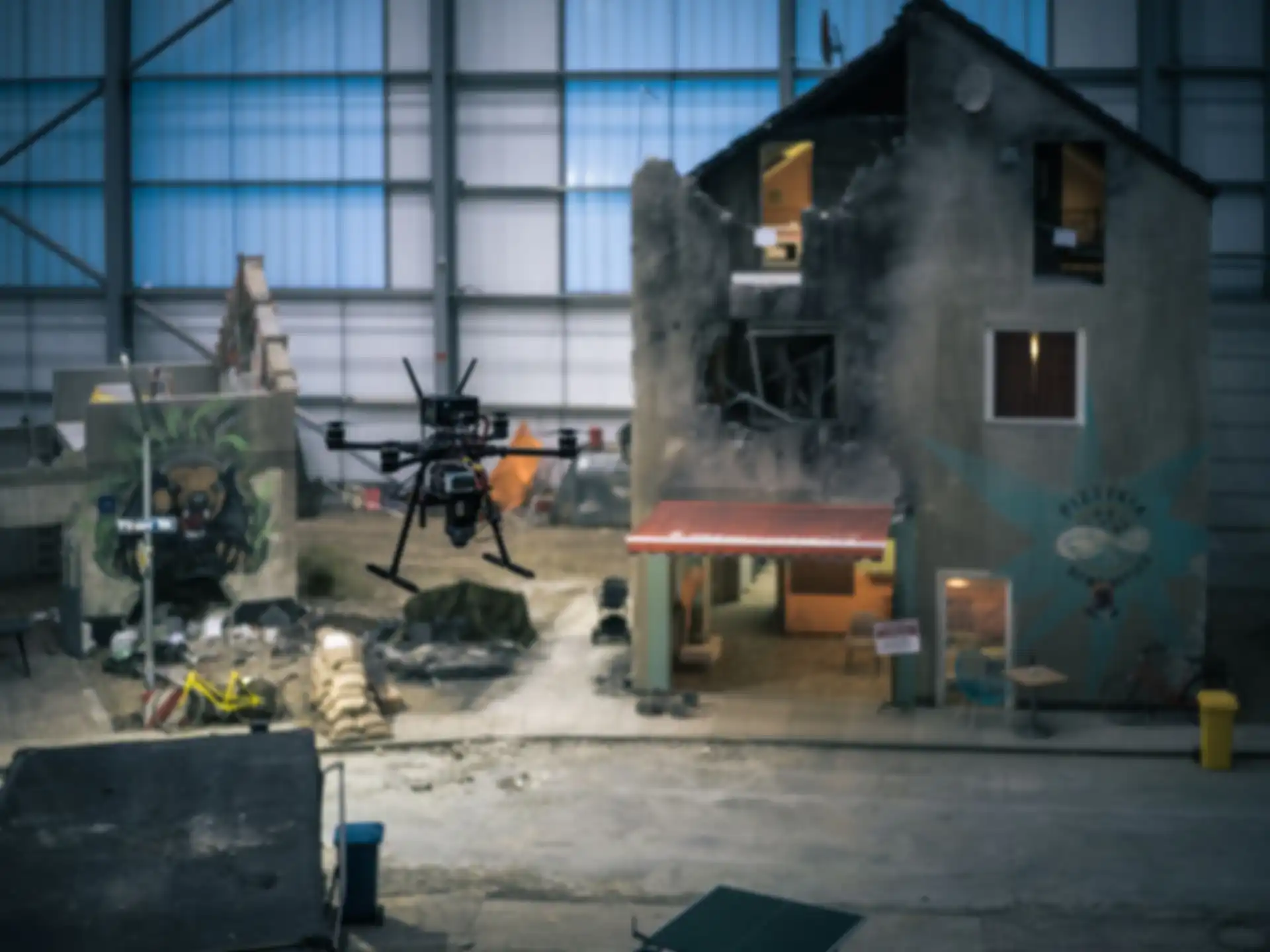 A drone hovering over the test site.