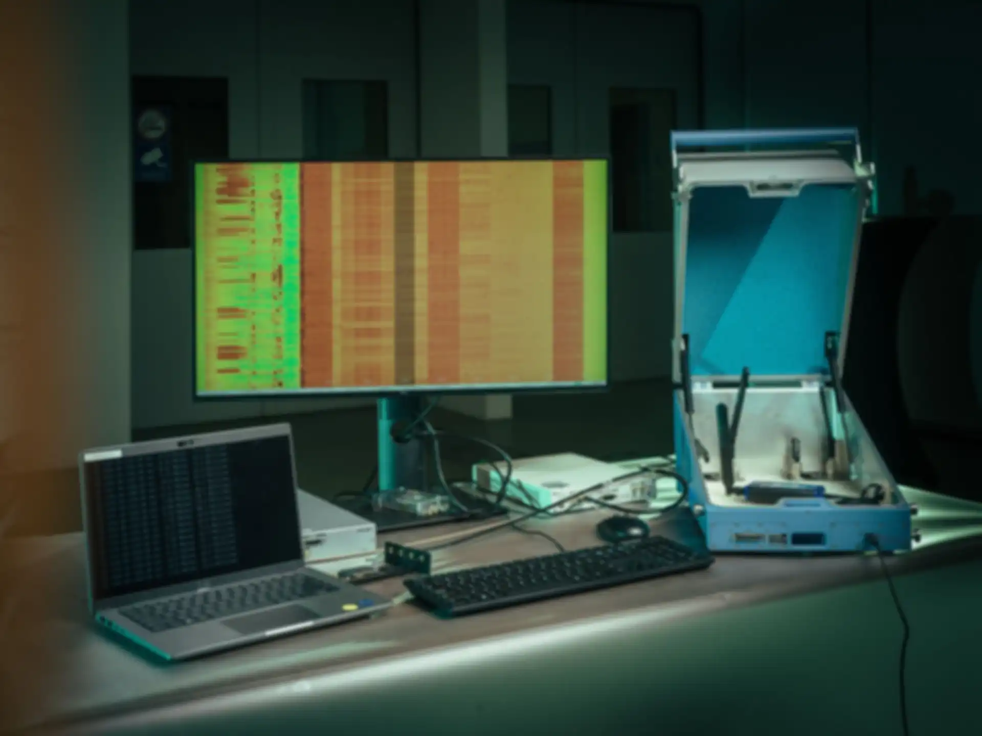 Ein Laptop, ein Bildschirm und weitere technische Objekte auf einem Tisch