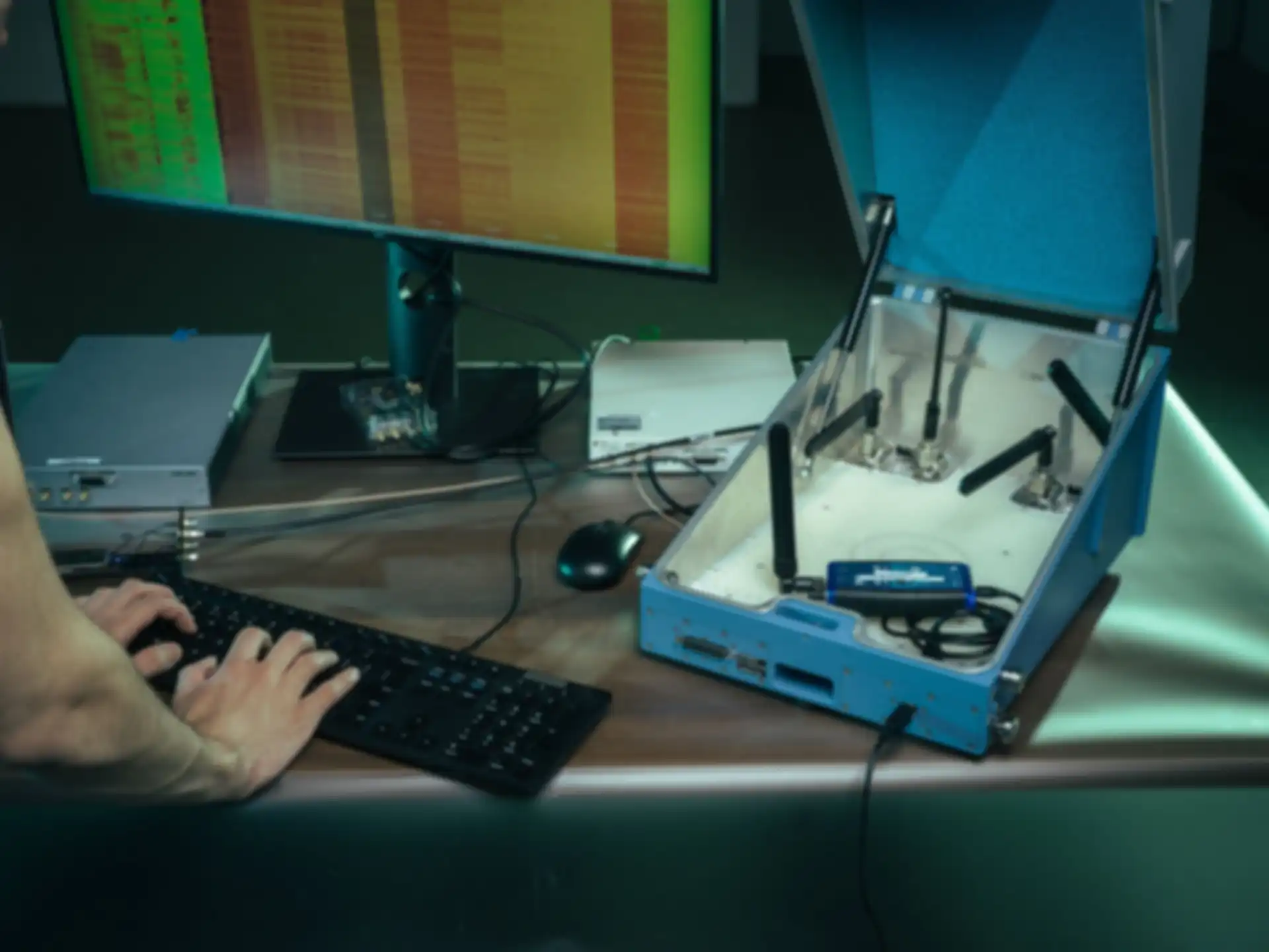 Ein Laptop, ein Bildschirm und weitere technische Objekte auf einem Tisch