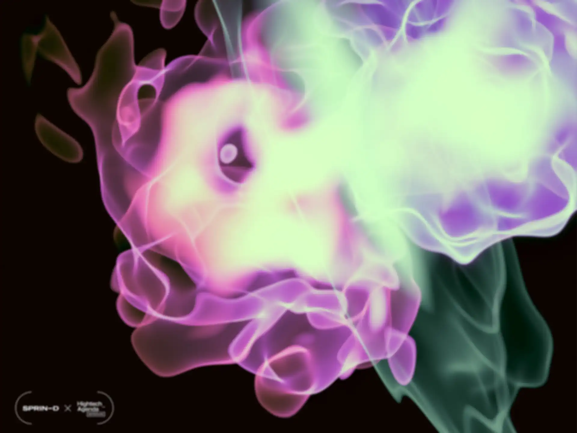 Key Visual Nuclear Fusion with abstract color clouds in white/green and pink